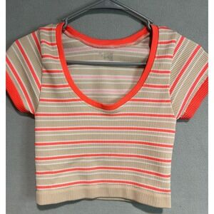 OFFLINE by Aerie Crop Top Juniors M/L Beige Orange Striped Ribbed stretch Sporty